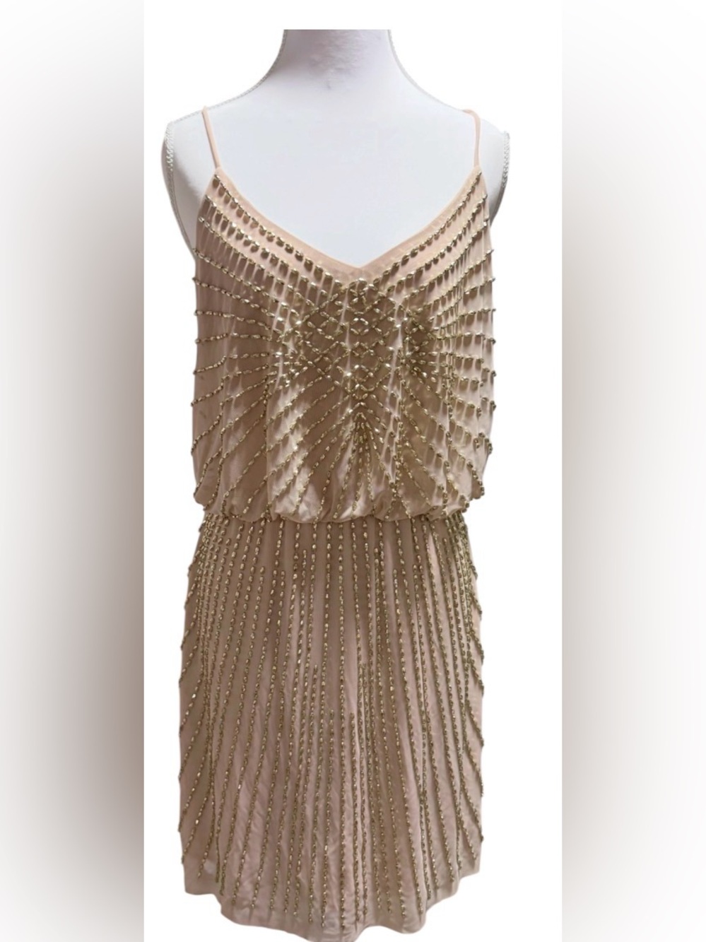 XSCAPE Size 6 Champagne Gold Beaded Cocktail Dress Art Deco Gatsby Evening - Picture 7 of 12